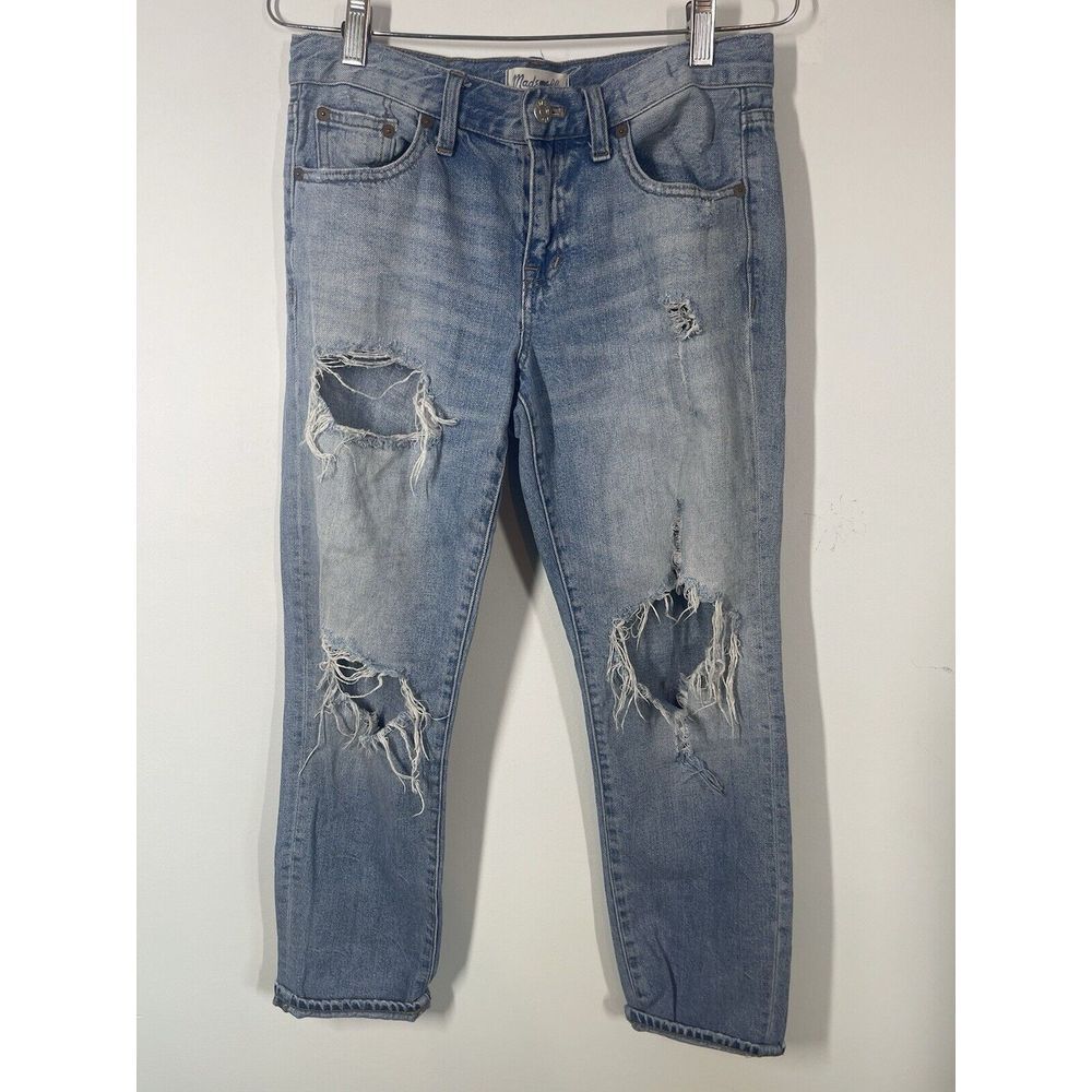 MADEWELL Women's Mid Rise Light Wash Distressed Holey Slim Leg Boy Jean Size 25